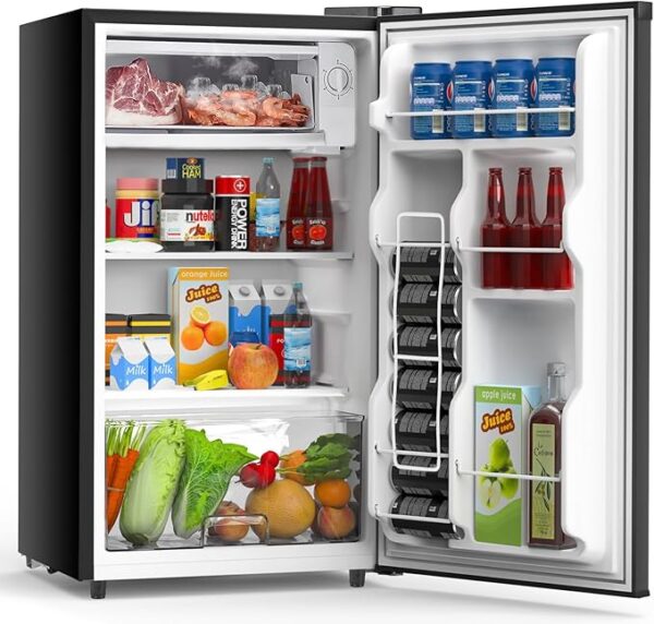 OLIXIS KEOLI-X98ABK Mini Fridge with Freezer, 3.2 Cu.Ft Single Door Refrigerator with Adjustable Thermostat, Black