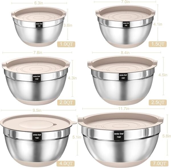 Mixing Bowls with Airtight Lids Set, 26PCS Stainless Steel Khaki Bowls with Grater Attachments, Non-Slip Bottoms & Kitchen Gadgets Set, Size 7, 4, 2.5, 2.0,1.5, 1QT, Great for Mixing & Serving - Image 5