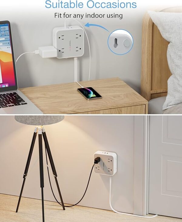 Surge Protector Flat Extension Cord Flat Plug Power Strip, 8 AC Outlets, 3 USB Charger(1 USB C Port) 3-Sided Outlet Extender, 5 Ft, 900 Joules Protection, Office Supplies, Dorm Room Essentials, Grey - Image 4