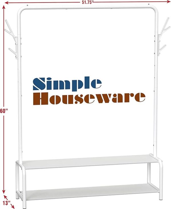 Simple Houseware Garment Rack with Storage Shelves and Coat/Hat Hanging Hooks, White - Image 2