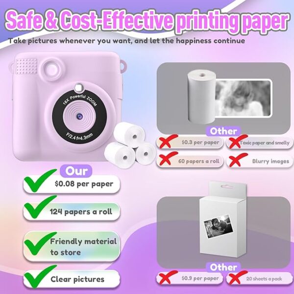 Instant Print Camera for Kids, Christmas Birthday Gifts for Girls Boys, HD Digital Video Cameras for Toddler, Portable Toy for 4 5 6 7 8 9 10 Year Old Girl with 32GB SD Card-Purple - Image 2
