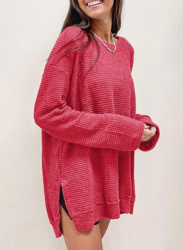 SHEWIN Long Sleeve Shirts For Women Oversized Sweatshirt Crewneck Waffle Knit Spring Tops for Women 2025 - Image 2
