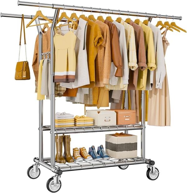 Heavy Duty Clothes Rack, Rolling Clothing Rack With Shelves Load 620 LBS, Double Rod Clothing Racks for Hanging Clothes, Portable& Adjustable Clothes Rack with Wheels Garment Rack