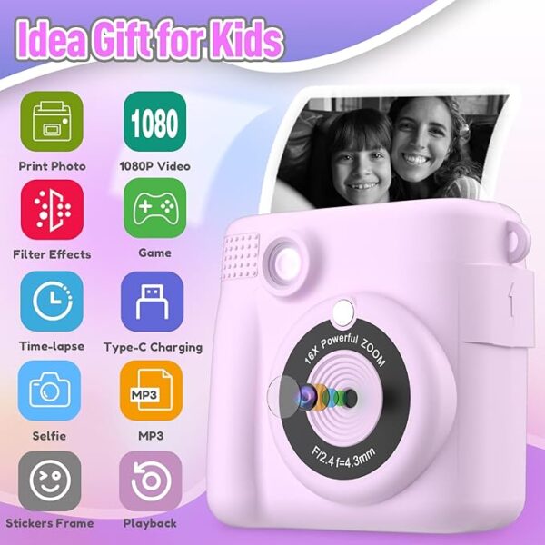 Instant Print Camera for Kids, Christmas Birthday Gifts for Girls Boys, HD Digital Video Cameras for Toddler, Portable Toy for 4 5 6 7 8 9 10 Year Old Girl with 32GB SD Card-Purple - Image 3