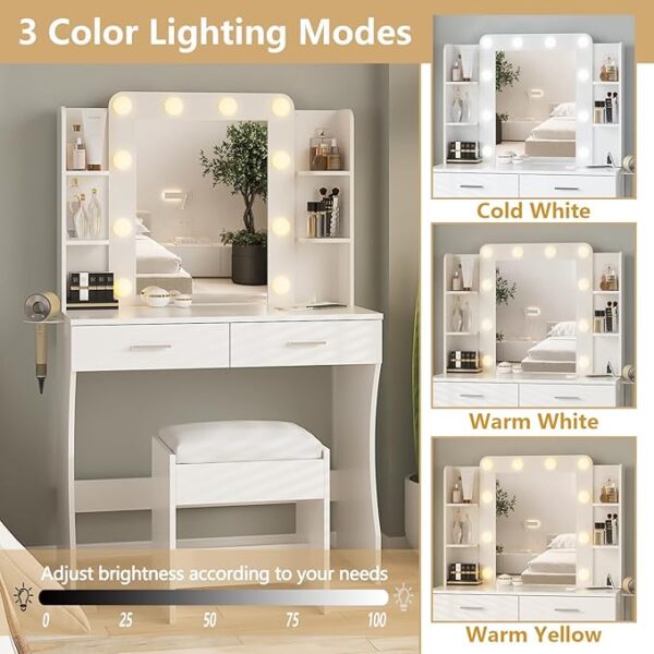 Vanity Desk with Lights,Makeup Vanity with Power Strip,Dressing Table Set with 2 Large Drawers,Vanity Mirror 3 Lighting Color Adjustable,White - Image 5