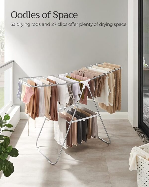 SONGMICS Clothes Drying Rack, with Sock Clips, Metal Laundry Rack, Foldable, Space-Saving, Free-Standing Airer, with Height-Adjustable Gullwings, Indoor Outdoor Use, Silver and White ULLR052W01 - Image 4