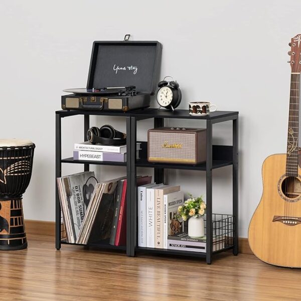 LELELINKY Black End Table, Small Side Table with Metal Frame,Modern Record Player Stand with Storage Shelf, Wood 3 Tier Sofa Bedside Tables, Narrow Nightstand for Living Room Bedroom Office - Image 3
