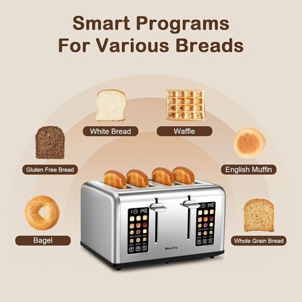 Mecity 4 Slice Toaster Touch Screen Control 4 Wide Slot, Stainless Steel Smart Bread Toaster for Bagel Muffin Waffle, Dual Control Pannel, Timer, Defrost, Reheat, 120V 1650W - Image 4