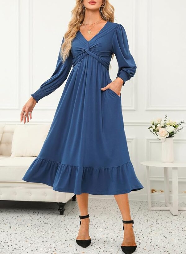 Dokotoo Womens 2024 Wrap V-Neck Twist Knot Long Sleeve Empire Waist Midi Maxi Dress A-Line Ruched Flowy Dress with Pockets - Image 3