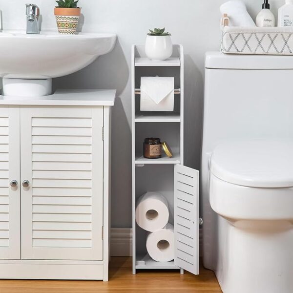 AOJEZOR Toilet Paper Holder Stand: Bathroom Storage Cabinet Beside Toilet for Small Space Bathroom with Toilet Roll Holder - White - Image 5