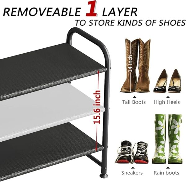 Shoe Rack 3 Tier Long Storage Organizer Wide Metal Shoe Shelf for Closet Entryway Black - Image 3