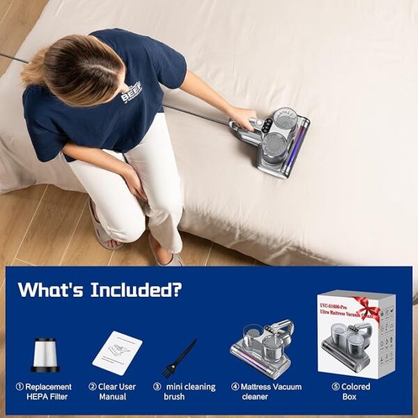 Bed Vacuum Cleaner 5 in 1 Mattress Vacuum with 16Kpa Suction 253.7nm UV-C Light, HEPA Filtration, Ultrasound , 140℉ Hot Air, 30000Rpm/Min Brushroll Rotation, Replacement Filter Included, 500W, Corded - Image 4