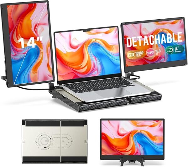 Laptop Screen Extender, 14" FHD 1080P Laptop Monitor Extender, Stretchable Base and Detachable Screen, Plug & Play, Triple Screen Extender Portable Laptop Compatible with Windows, Mac, Chrome