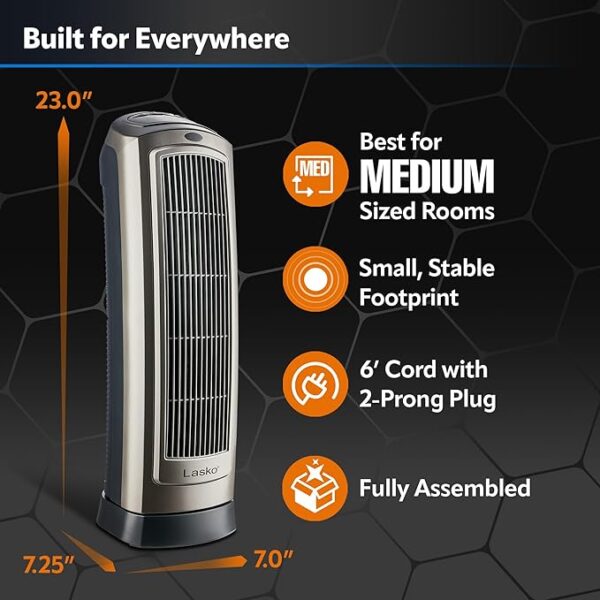 Lasko Oscillating Digital Ceramic Tower Heater for Home with Adjustable Thermostat, Timer and Remote Control, 23 Inches, 1500W, Silver, 755320, 8.5″L x 7.25″W x 23″H, Silver - Image 2
