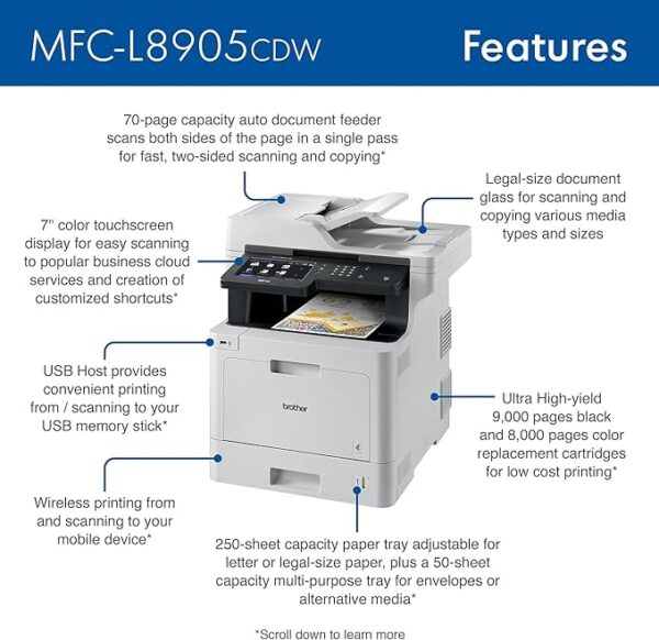 Brother MFC‐L8905CDW Business Color Laser All‐in‐One Printer, 7” Touchscreen Display, Duplex Print/Scan, Wireless, White - Image 3