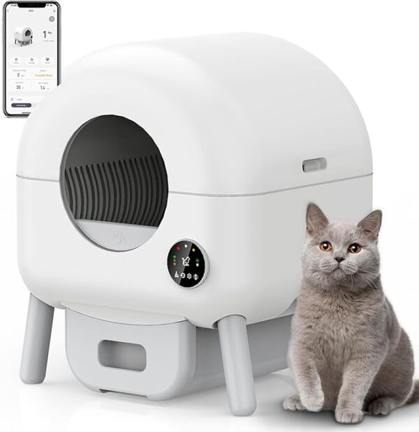 Self Cleaning Litter Box - 105L Automatic Litter Box for Multiple Cats, 1 Roll Trash Bags and Mat Included, App Control, Little-White