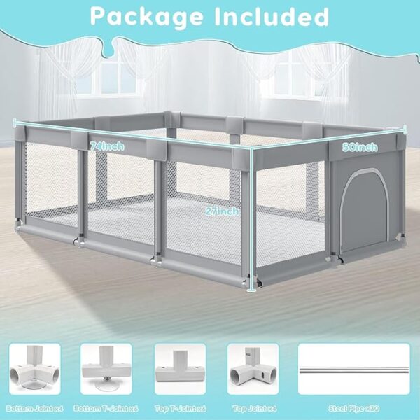 74" ×50" Large Baby Playpen, Baby Playard for Babies and Toddlers, Baby Fence Play Pens for Indoor & Outdoor, Sturdy Safety Play Yard with Soft Breathable Mesh, Anti-Fall, Grey - Image 2