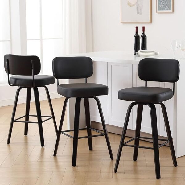 Swivel Bar Height Stools Set of 3, Upholstered Faux Leather Barstools with Back, 29" Seat Height Tall Bar Stools for Kitchen Counter, Black Wood Frame, Black - Image 3