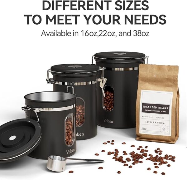 Veken Coffee Canister with Window, Airtight Stainless Steel Kitchen Food Storage Container, Date Tracker and Scoop for Grounds Coffee Bar Accessories, Beans, Tea, Flour, Cereal, Sugar, 22OZ, Black - Image 4