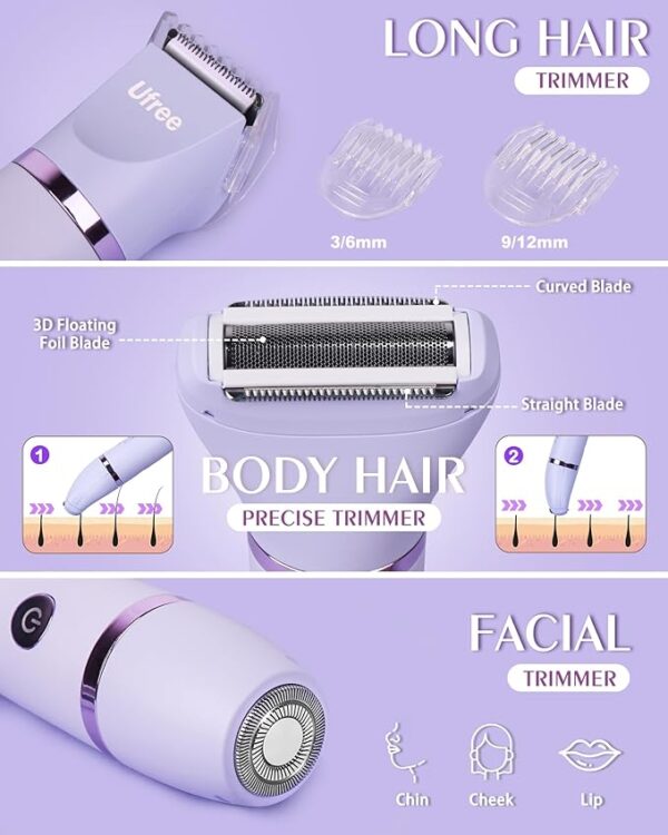 Ufree Bikini Trimmer for Women, Electric Razors for Women, Rechargeable Pubic Hair Trimmer Womens Electric Shaver for Legs Body Hair, Bikini Shaver IPX7 Waterproof, Gifts for Women, Purple - Image 7