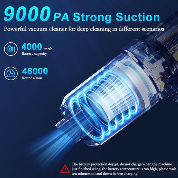KMM Handheld Car Vacuum Cleaner, 9000Pa Vacuum Cleaner and Air Duster, 120W High Power Wet and Dry Handheld Car Vacuum Cleaner with LED Light and Multi-Nozzles for Car, Home, Office, Pet - Image 4