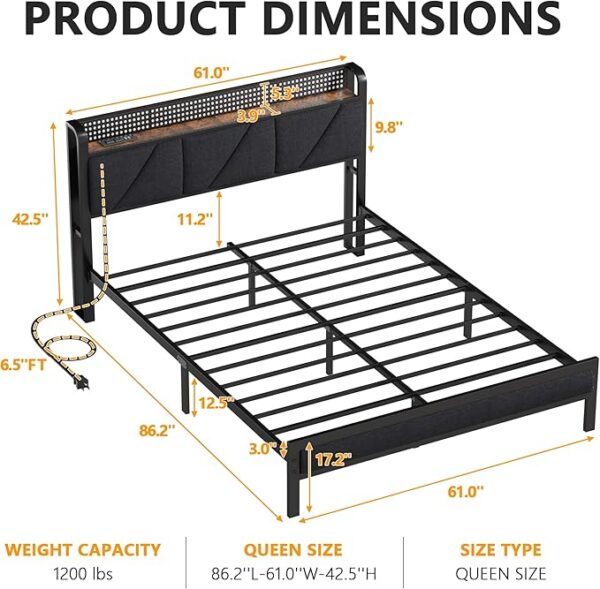Furnulem Queen Size Bed Frame with Headboard and LED Lights,Upholstered Bedframe with Charging Station and USB Port, Platform Metal Bed Frame,No Box Spring Needed, Noise Free - Image 5