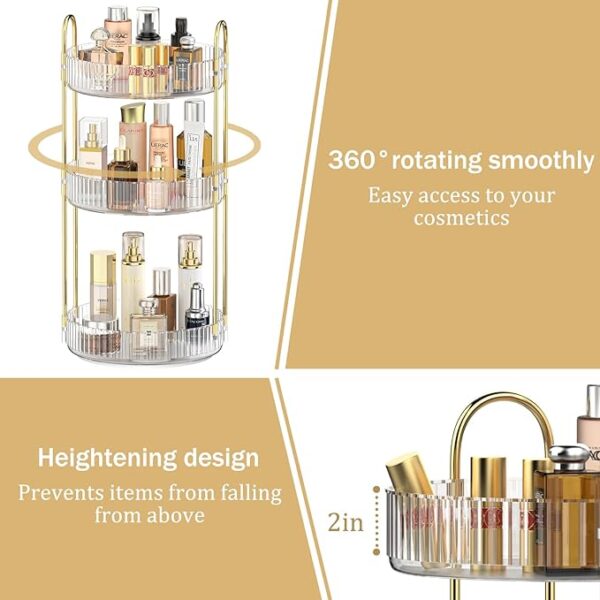 MOKANI 360 Rotating Makeup Organizer for Vanity, 3 Tier Adjustable Perfume Organizer for Dresser, Multi-Function Spinning Cosmetics Skincare Organizer for Bedroom, Dresser, Countertop, Clear - Image 7