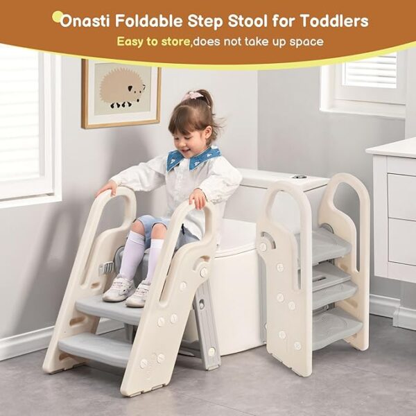 Onasti Foldable Step Stool for Bathroom Sink, Adjustable 3 Step Stool for Kids Toilet Potty Training Stool with Handles, Child Kitchen Counter Stool Helper, Plastic Ladder for Toddlers Grey - Image 3