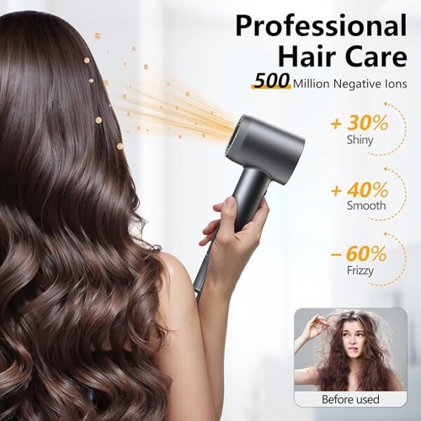 Hair Dryer, 160000 RPM Professional High-Speed Blow Dryer 500 Millions Negative Ionic Care Hair Dryer for Fast Drying, Low Noise Thermo-Control Hairdryer, Travel with Magnetic Diffuser & Nozzle, Gray - Image 3