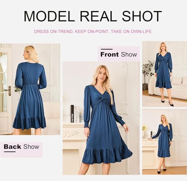 Dokotoo Womens 2024 Wrap V-Neck Twist Knot Long Sleeve Empire Waist Midi Maxi Dress A-Line Ruched Flowy Dress with Pockets - Image 4