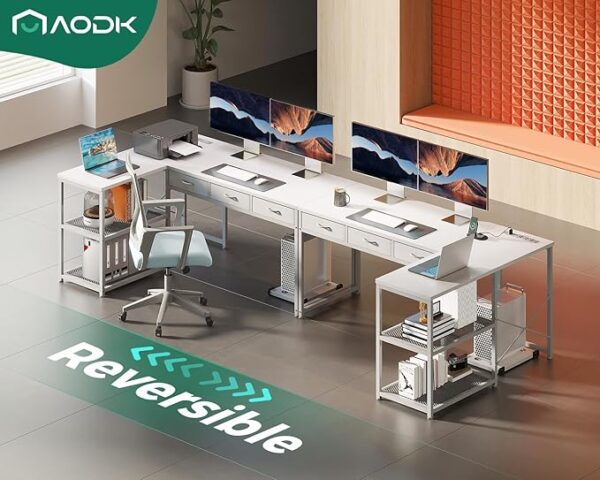 AODK 53 Inch L Shaped Computer Desk with Drawers, Corner Desk with Power Outlets & Reversible Storage Shelves, Movable CPU Stand for Home Office Gaming, White - Image 4