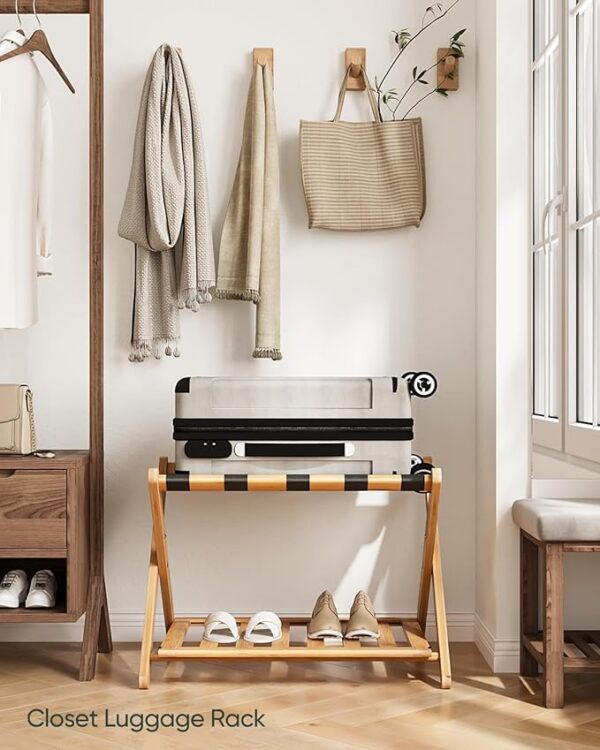 Fully Assembled Luggage Racks Pack of 2, Folding Suitcase Stand with Storage Shelf, Bamboo Luggage Stand with 5 Nylon Straps for Guest Room, Bedroom, Heavy Duty, Natural - Image 4