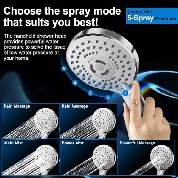 Shower Head Combo,10 Inch High Pressure Rain Shower Head with 11 Inch Adjustable Extension Arm and 5 Settings Handheld ,Powerful Shower Spray Against Low Pressure Water with Long Hose - Image 4