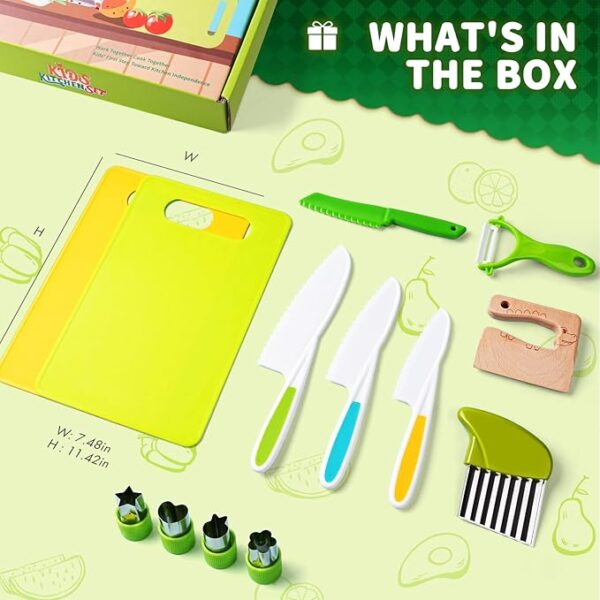 13 Pieces Montessori Kitchen Toys for Toddlers-Kids Cooking Sets Real-Toddler Toys Set for Real Cooking with Plastic Children Safe Knives Crinkle Cutter Kids Cutting Board - Image 4