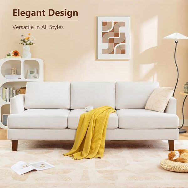 3 Seater Sofa Couch with Deep Seats, 89" Mid Century Modern Upholstered Sofa with Armrests, Comfy Couches for Living Room, Bedroom, Apartment and Office (Beige) - Image 5