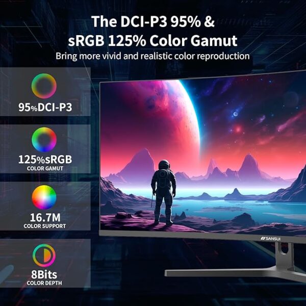 SANSUI 34-Inch Curved Gaming Monitor UWQHD 3440 x 1440 165Hz Curved 1500R - PIP/PBP, 1ms(MPRT), HDR, 300nits, sRGB 125%, DCI-P3 95%,FreeSync,HDMI x2,DP1.4 x2 (ES-G34C5 DP Cable Included) - Image 4