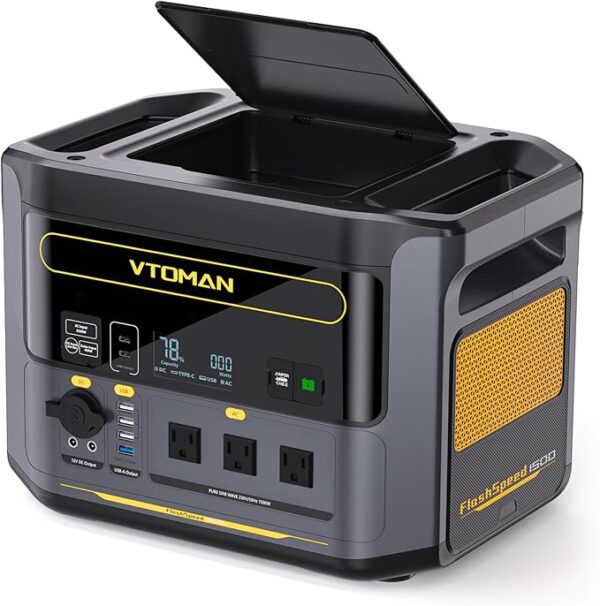 VTOMAN FlashSpeed 1500 Portable Power Station, 1548Wh 1Hour Fast Charge LFP Battery Solar Generator 1500W (3000W Peak) For Vehicle Jump Start Outdoor Camping Off-grid Power Outage