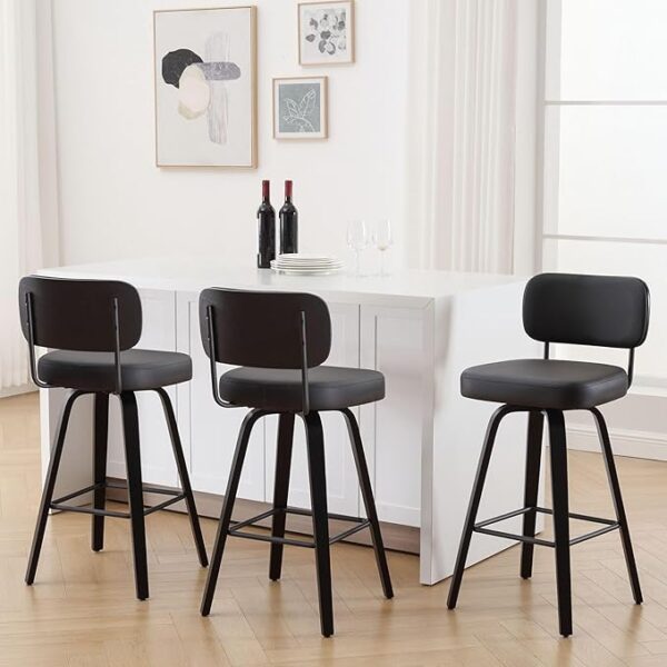 Swivel Bar Height Stools Set of 3, Upholstered Faux Leather Barstools with Back, 29" Seat Height Tall Bar Stools for Kitchen Counter, Black Wood Frame, Black