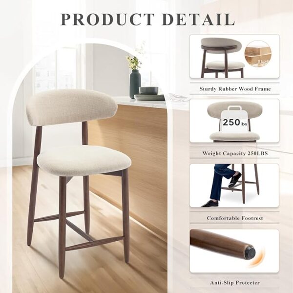 COLAMY Bar Stools Set of 2, Counter Height Bar Stools, Upholstered Counter Stools with Wood Legs for Kitchen Island Dining Room Bar, Beige - Image 4