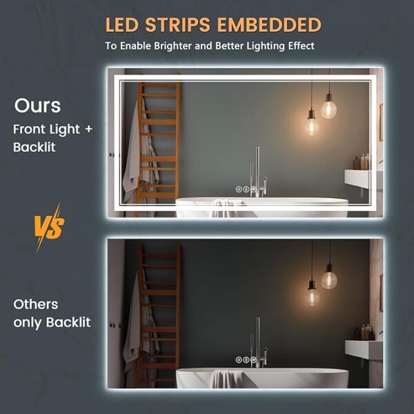 New LED Bathroom Mirror 72x36 Inch with Front and Backlit, CRI 90+, 3 Colors & Stepless Dimmable Lighted Bathroom Mirror, Anti-Fog, Memory, Top-Grade Tempered Glass, Rotatable - Image 3