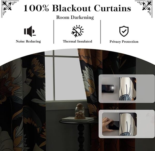 Black Boho Floral 100% Blackout Curtains for Bedroom 84 inch Long 2 Panels Mid Century Botanical Black Out Curtains for Living Room Grommet Thermal Insulated Room Darkening Window Drapes,52Wx84L - Image 5