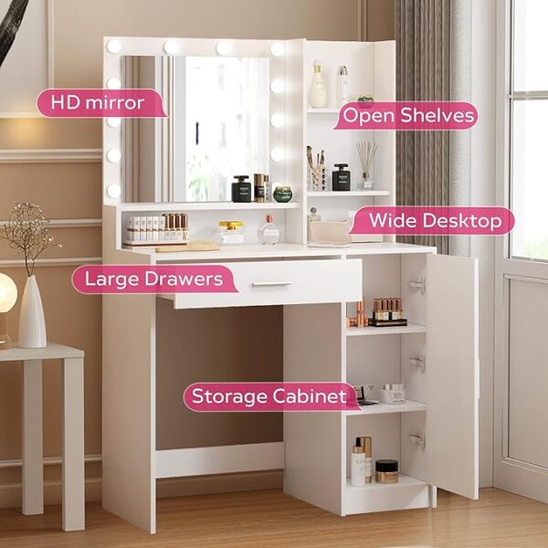Vanity Desk with Mirror and Light, Large Drawer and Three Level Storage Dresser, 3 Lighting Modes Adjustable Brightness, Bedroom Dressing Table (White) - Image 4