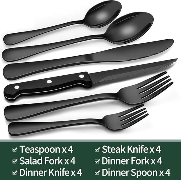 24-Piece Black Silverware Set with Steak Knives, Black Flatware Set for 4, Food-Grade Stainless Steel Tableware Cutlery Set, Mirror Finished Utensil Sets for Home Restaurant - Image 5