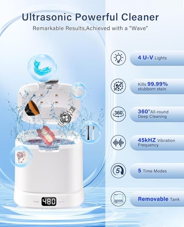 Ultrasonic Retainer Cleaner Machine,Dental Cleaning Pod, Sonic Retainer Cleaner Ultrasonic Machine with Digital Timer for Dentures,Aligners,Braces,Night Guards,Jewelry 45kHz(White) - Image 4