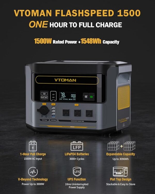 VTOMAN FlashSpeed 1500 Portable Power Station, 1548Wh 1Hour Fast Charge LFP Battery Solar Generator 1500W (3000W Peak) For Vehicle Jump Start Outdoor Camping Off-grid Power Outage - Image 4