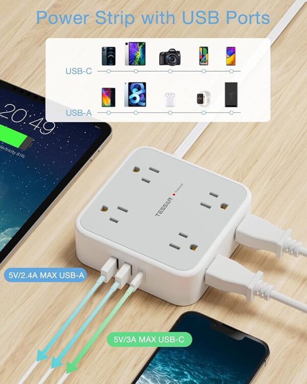 Surge Protector Flat Extension Cord Flat Plug Power Strip, 8 AC Outlets, 3 USB Charger(1 USB C Port) 3-Sided Outlet Extender, 5 Ft, 900 Joules Protection, Office Supplies, Dorm Room Essentials, Grey - Image 5