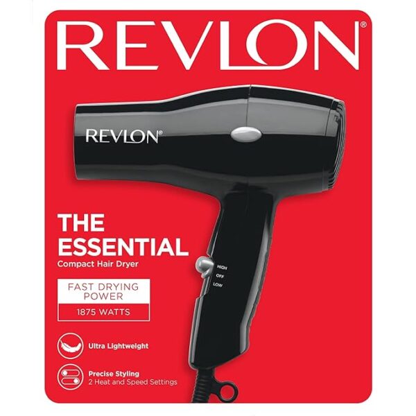 REVLON Travel Hair Dryer | Salon-Style Blowouts, Lightweight Design, 1875 Watts for Fast Drying with 2 Heat & Speed Settings for Drying and Styling Flexibility (Black) - Image 4