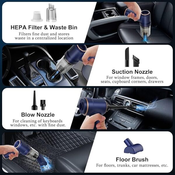 KMM Handheld Car Vacuum Cleaner, 9000Pa Vacuum Cleaner and Air Duster, 120W High Power Wet and Dry Handheld Car Vacuum Cleaner with LED Light and Multi-Nozzles for Car, Home, Office, Pet - Image 2