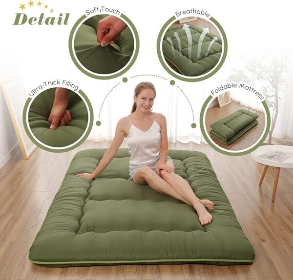 Japanese Floor Mattress, Futon Mattress with Portable Storage Bag and Washable Cover, Roll Up Mattress Thick Tatami Mattress Suitable for Camping, Guest Room, Green, Full - Image 5