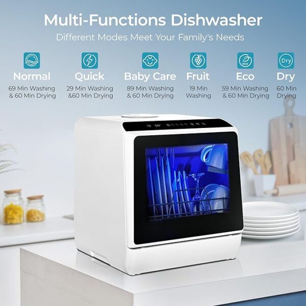 EUHOMY Mini Portable Dishwasher Countertop Compact Dishwashers, Tabletop Small Dishwasher with 5L Built-in Water Tank with 6 Modes and Baby Care for Apartments& RVs, No Hookup Needed - Image 3